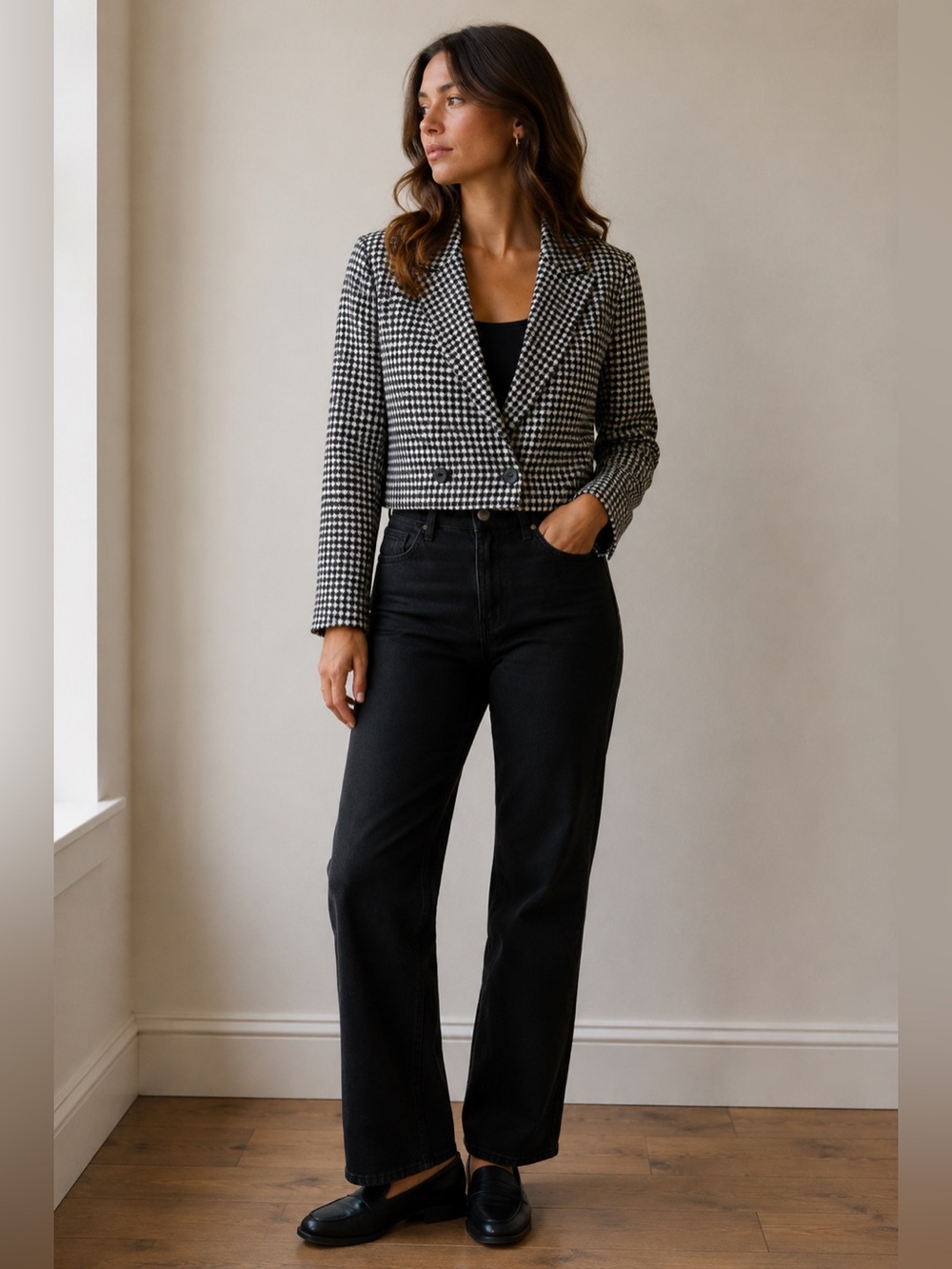 NEW! Day + Moon Cropped Gingham Blazer Size Large